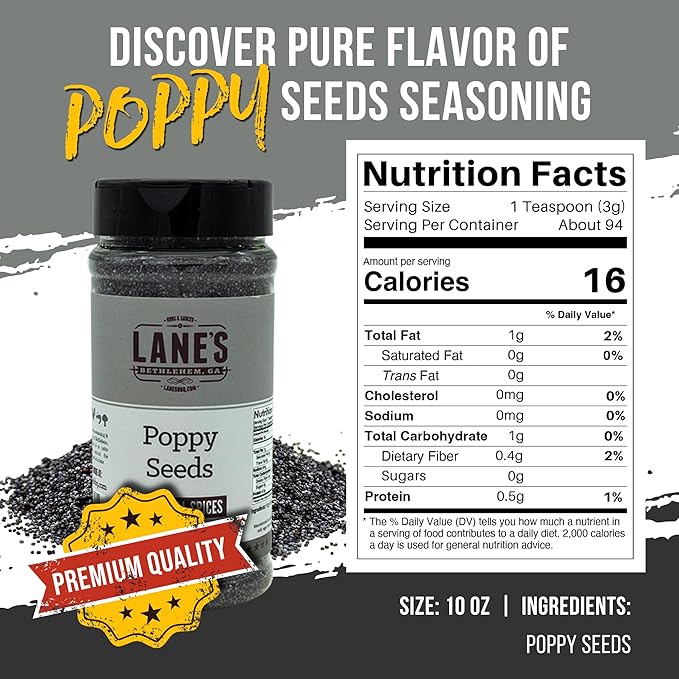 Lane's Black Poppy Seeds, All-Natural Poppy Seeds for Baking & Cooking, Add Flavor to Bread, Cakes, Muffins & Pastries, Made in USA, 10 oz (283g)