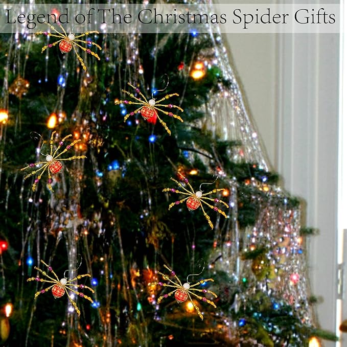 Cunno 6 Sets Legend of The Christmas Spider Gifts Christmas Spider Miracle Ornament with Card and Bag The Tradition of Tinsel Legend Spiders Hanging Handmade Decor for Xmas Tree Xmas