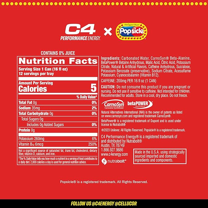 C4 Energy Drink x Popsicle Variety Pack, Carbonated Sugar Free Pre Workout Performance Drink with no Artificial Colors or Dyes, 3 Flavors - Grape, Hawaiian Pineapple, and Cherry, 16 Oz, Pack of 12