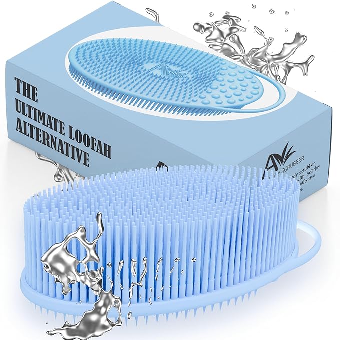 Avilana Silicone Body Scrubber - Food Grade & Lab Tested, Gentle Exfoliating Shower Brush for All Skin Types, Hygienic Quick-Dry Loofah Alternative (Blue, Exfoliate-Silver)
