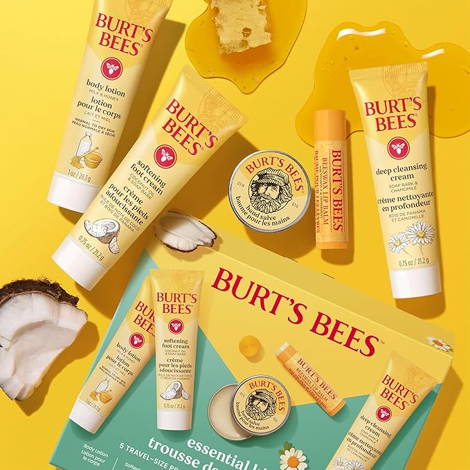Burt's Bees Christmas Gifts - Essentials Everyday Set, 5 Travel Size Products for Stocking Stuffers - Deep Cleansing Cream, Hand Salve, Body Lotion, Foot Cream and Original Lip Balm