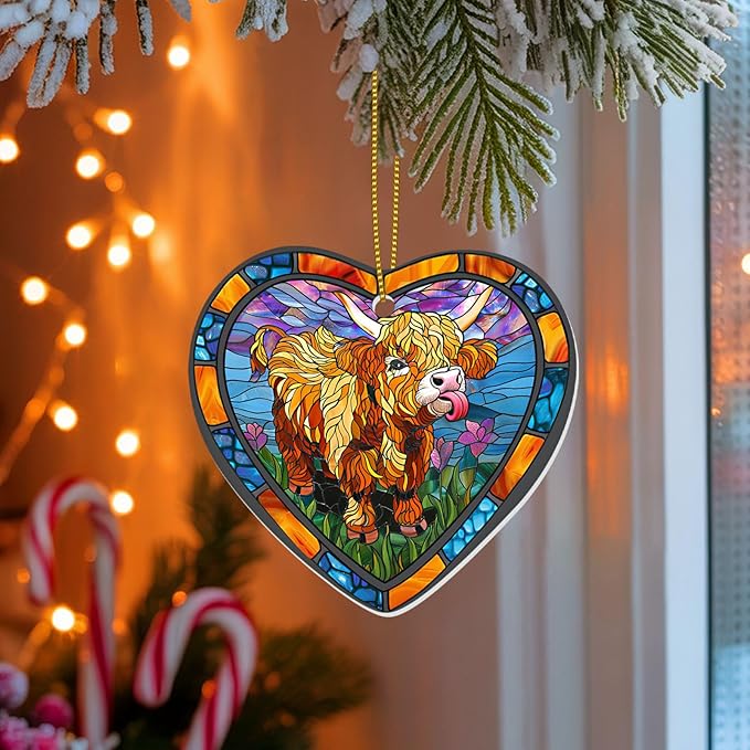 1pc 2 Side Printed Highland Cow Ceramic Ornament 2025, Heart-Shaped Christmas Tree, Cute Keepsake Decoration