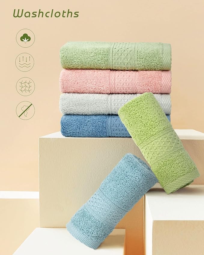 Cleanbear Pure Cotton Wash Cloths Face Cloths, 6 Colors per Set, 13 x 13 Inches (Light Blue, Jade Green, Light Green, Grey, Light Grey, Pink)