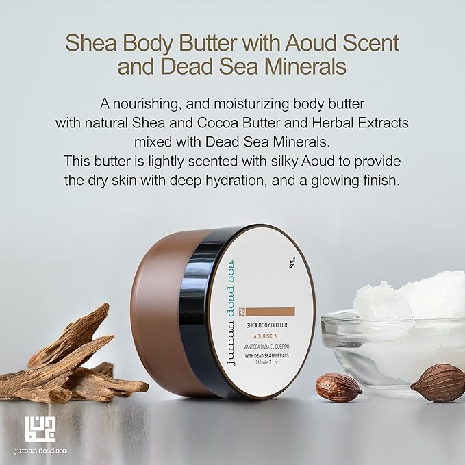 Juman Shea Body Butter with Dead Sea Minerals | Made with Natural Shea and Cocoa Butter | Infused with Plant Extracts, Vitamin E & Chamomile Extract | Oud Scented Skin Butter | 7.1oz