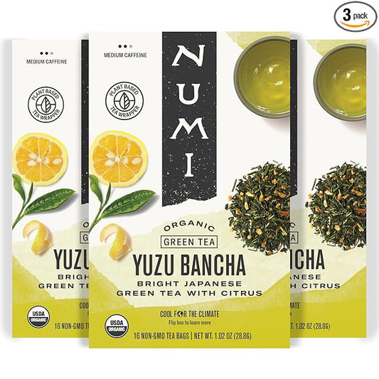 Numi Organic Yuzu Bancha Japanese Green Tea, 48 Green Tea Bags, Micro-Plastic Free
