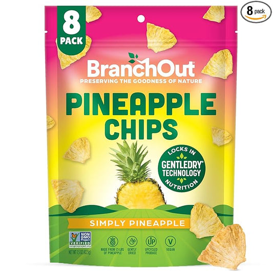 BranchOut Pineapple Chips, No Sugar Added, Real Dried Pineapple Chunks, GentleDry, Better than Freeze Dried Pineapple, Healthy Vegan Halloween Fruit Snacks for Kids & Adults, 1.5 oz (Pack of 8)