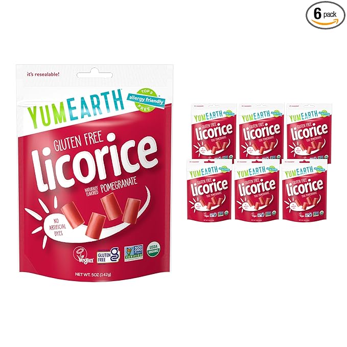 YumEarth Organic Gluten Free Pomegranate Licorice Snack Packs - Allergy Friendly, Gluten Free, Non-GMO, Vegan, No Artificial Flavors or Dyes - 5 Ounce (Pack of 6)