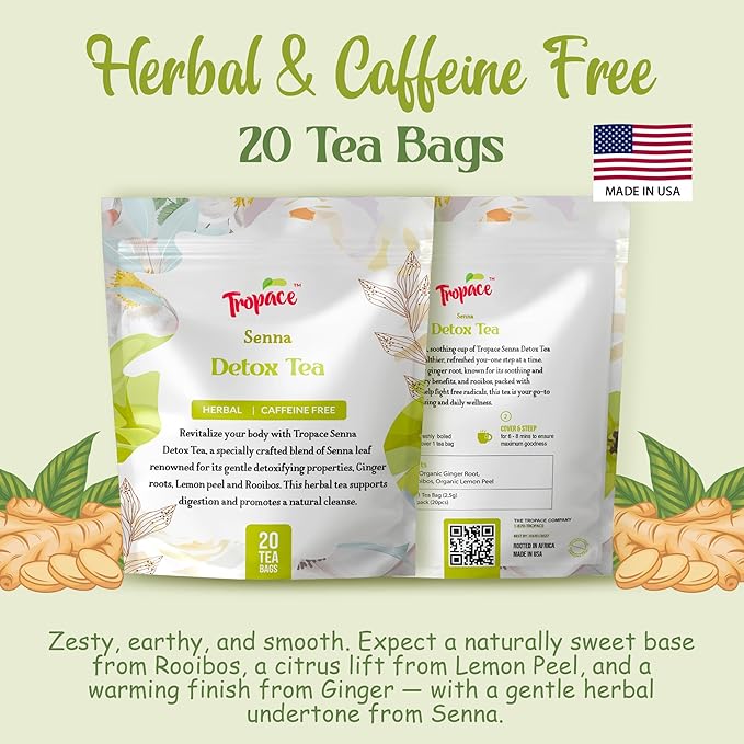 Tropace Senna Leaf Herbal Tea – Caffeine-Free, 20 Tea Bags Infused with Senna, Ginger, Rooibos & Lemon Peel – Rooted in Africa, Packed in USA, 1.8 oz (50g)