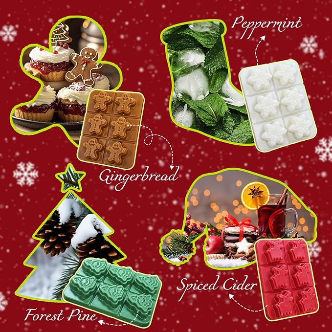 Christmas Scented Wax Melts, Winter Holiday Soy Wax Cubes for Wax Warmer, Snowflake Pines Elk Gingerbread Cubes Set, Spiced Cider, Gingerbread Cupcake, Peppermint, Forest Pine