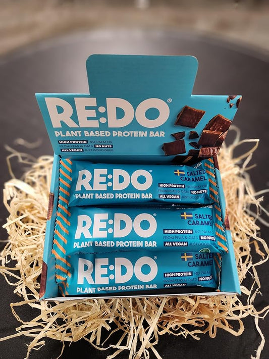 RE:DO Plant based Protein Bars I Swedish Salted Caramel 2.1oz bars I 15g Vegan Protein, Nutrition Protein Bars I High Protein Recovery Bars, No Palm oil I (9 count) (Large, Salted Caramel)