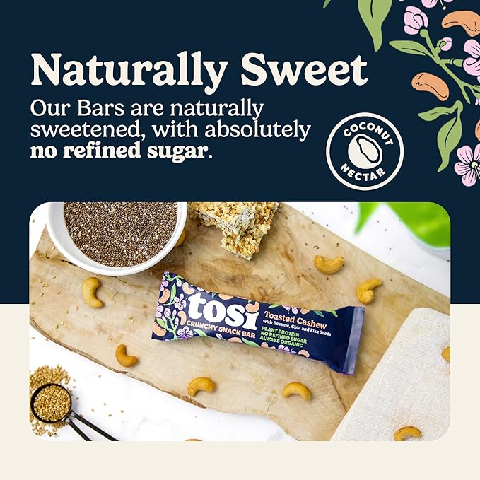 Tosi Cashew Protein Bars, Plant Based with Nuts, Gluten-Free Crunchy Snacks, Vegan, Organic, Flax & Chia Seeds, Soy-Free, Omega 3s, 5G Protein, 1 oz, 12-Pack