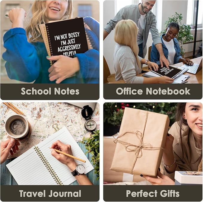 Funny Office Notebooks for Work, Sarcastic Gifts, Office Supplies, I'm Not Bossy I'm Just Aggressively Helpful College Ruled Hardcover Spiral Notebook 5.5x8.3