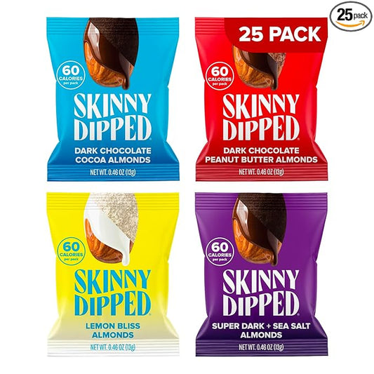 SkinnyDipped Snack Attack Minis Almond Variety Pack, Healthy Snack, Plant Protein, Gluten Free, 0.46 oz Mini Bags, Pack of 25