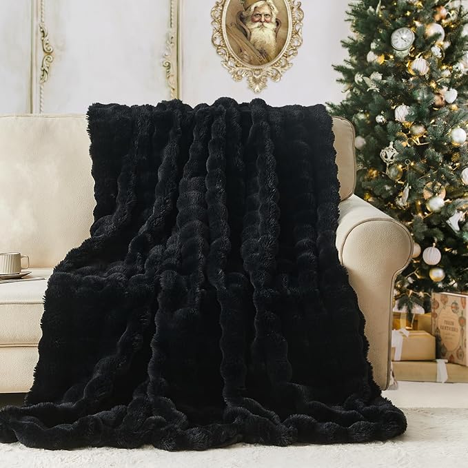 Lotus Karen Queen Size Faux Fur Blanket - Big Bubble Rabbit Fluff, 90x90 Inches