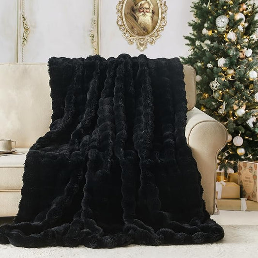 Lotus Karen Queen Size Faux Fur Blanket - Big Bubble Rabbit Fluff, 90x90 Inches