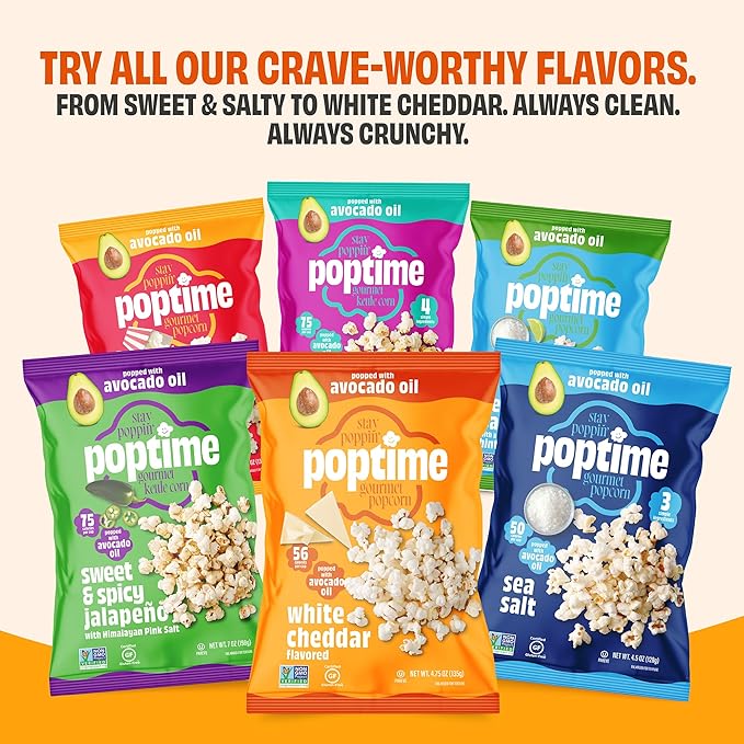 Poptime White Cheddar Popcorn Snack Bags – Gourmet Popcorn Bags, Healthy Snack With Heart-Healthy Avocado Oil, Crunchy, Cheesy, Gluten Free, Vegan, Low Calorie, Non-GMO, Kosher - 4.75 oz - Pack 4