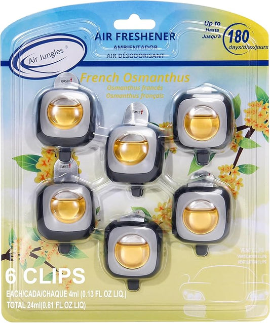 Air Jungles French Osmanthus Scent Car Air Freshener Clip, 6 Vent Clips, 4ml Each, Long Lasting Air Freshener, Up to 180 Days Car Refresher Odor Eliminator