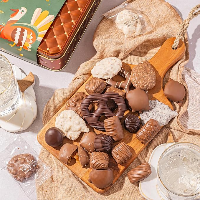 Thanksgiving Chocolate Gift Basket, Assorted Gourmet Dark and White Chocolate Truffles, Holiday Treats in Elegant Gift Box, Bonnie and Pop