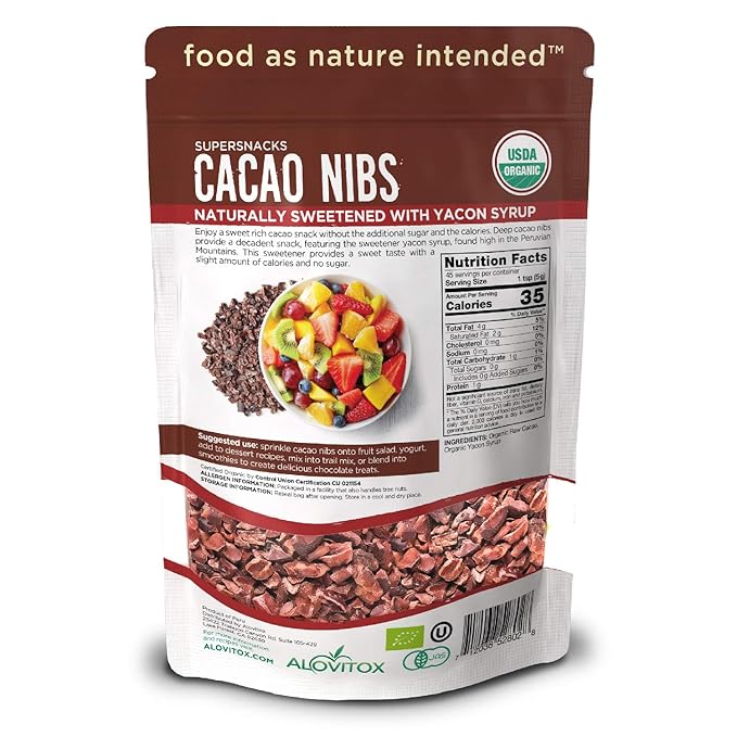 Alovitox Cacao Nibs With Organic Yacon Syrup | Healthy Protein Bite Snack (Raw, Non-GMO, Sugar Free, Keto, Paleo, Gluten Free & Vegan) | Antioxidant With Criollo Chocolate Extracts | 8 Oz