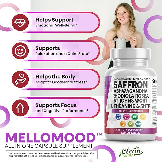 Clean Nutraceuticals Saffron Supplements Extract 100mg + Ashwagandha L-Theanine 200mg - Mood Support Ginkgo Biloba, St. John's Wort, Rhodiola Rosea & 5-HTP Capsules Pills Men Women
