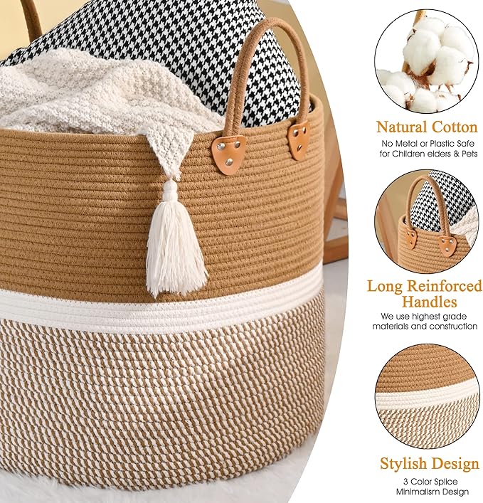 KAKAMAY Large Blanket Basket (18"x18"x16"),Woven Baby Laundry Hamper for Storage, Cotton Rope Blankets Baskets for Nursery, Laundry, Living Room, Pillows, Baby Toy chest with Handles (Brown)