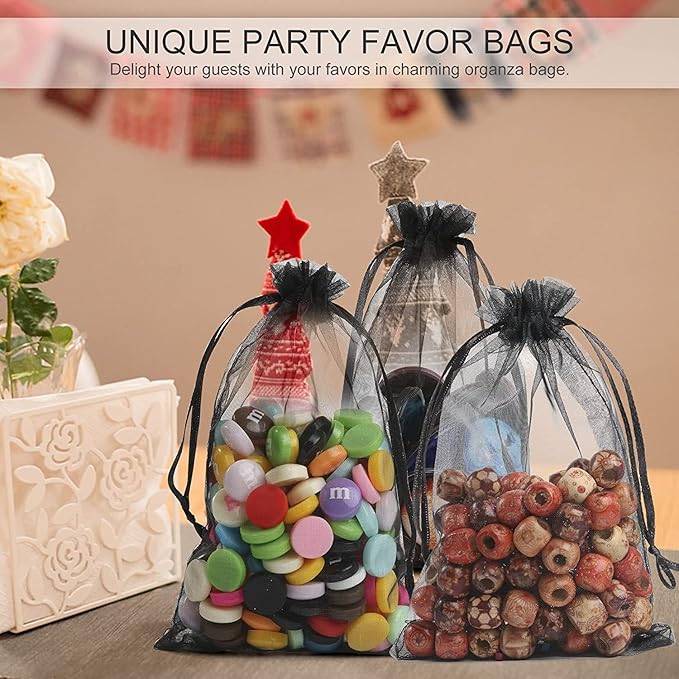 ANZNKU 100 Pack Organza Bags 5 x 7 inch, Premium Black Favor Bags with Drawstring for Halloween, Sheer Mesh Bag, Gift Bag Small Size, Mesh Pouches Drawstring Packaging Pouches for Wedding Party