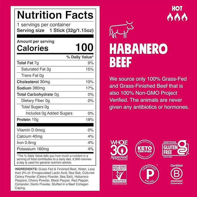 Chomps Grass-Fed and Finished Spicy Habanero Beef Jerky Snack Sticks 10-Pack - Keto, Paleo, Whole30, 10g Lean Meat Protein, Gluten-Free, Zero Sugar Food, Non-GMO