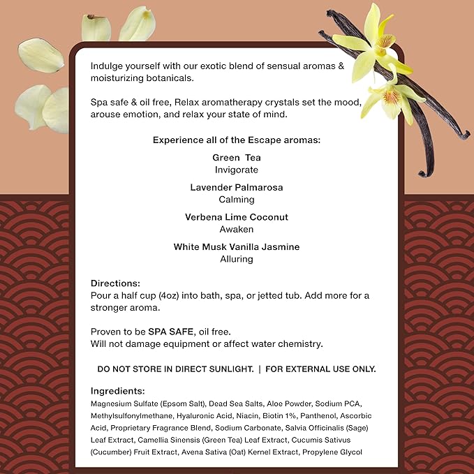 Relax Spa & Bath, Epsom & Dead Sea Salts, Aromatherapy Bath Salts for Hot Tub, Bath, or Spa, Infused with Magnesium, White Musk Vanilla Jasmine