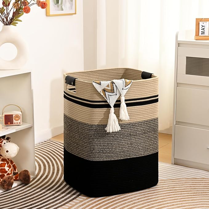 Laundry Hamper, 95L Tall Laundry Basket with Leather Handles, Rectangle Large Clothes Hamper for Organizing, Cotton Woven Laundry Baskets Storage Hampers for Bedroom, Nursery, Living Room