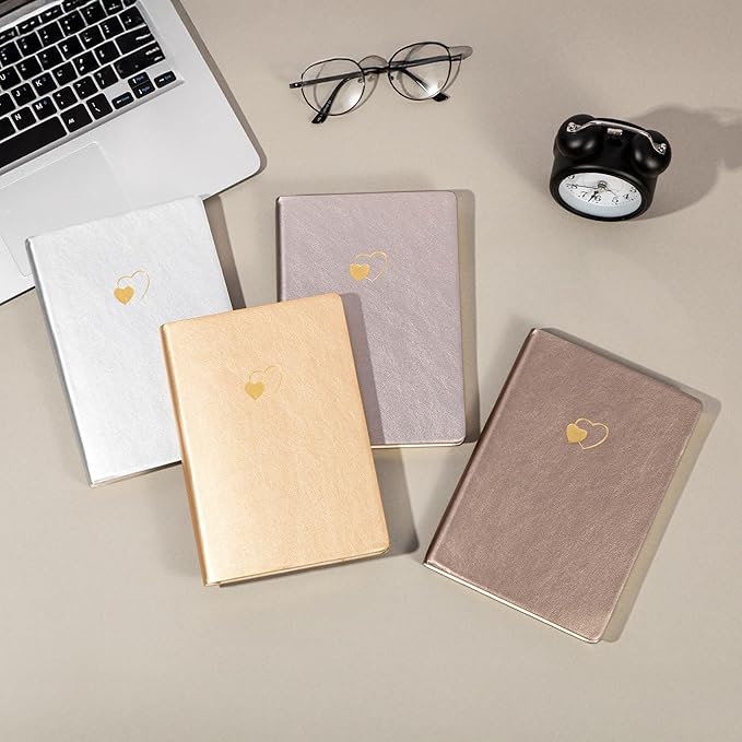 CAGIE 4 Pack Lined Journal Notebook for Women and Girls 256 Pages Cute Diary with Heart-Shaped Leather Journals for Writing A5 Soft Cover Notebooks for Work School, Silver