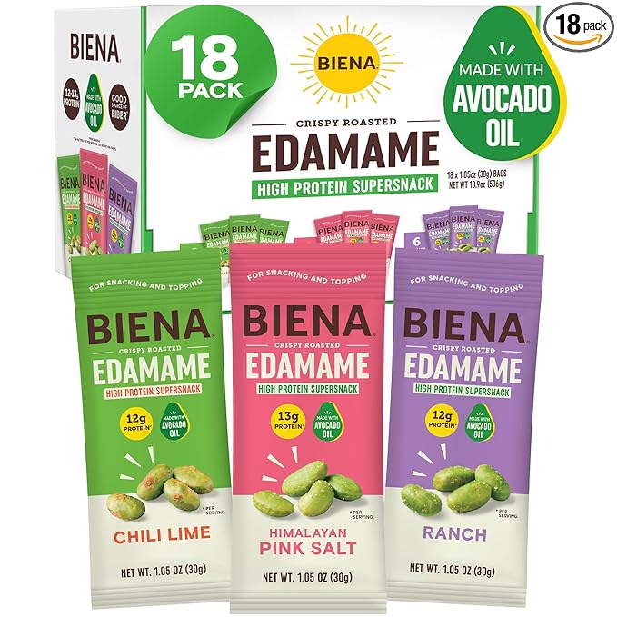 Biena Crispy Roasted Edamame Beans Snack – High Protein Low Carb Snack for Adults & Kids, 12g-13g Protein per Serving - Made w/Avocado Oil – Vegan, Gluten-Free – 18-Pack 1.05oz Variety Pack