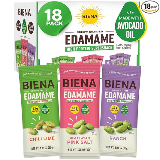 Biena Crispy Roasted Edamame Beans Snack – High Protein Low Carb Snack for Adults & Kids, 12g-13g Protein per Serving - Made w/Avocado Oil – Vegan, Gluten-Free – 18-Pack 1.05oz Variety Pack