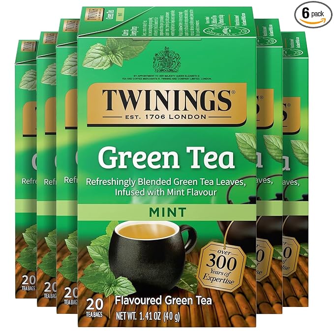 Twinings Green Tea with Mint Individually Wrapped Bags, 20 Count (Pack of 6), Invigorating Aroma, Caffeinated, Enjoy Hot or Iced, 120 Teabags