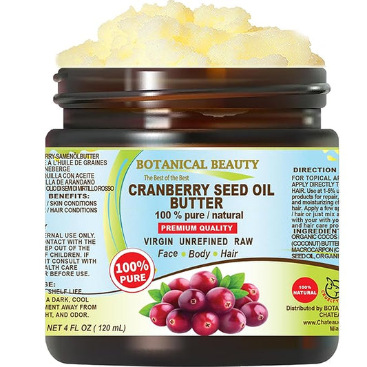 Botanical Beauty CRANBERRY SEED OIL BUTTER 100% Natural, Pure RAW VIRGIN UNREFINED Cold-Pressed for Face, Skin, Body, Hair, Lip, Nails. Rich in Vitamin C, Omega 3, Omega 6, omega-9 (4 Fl Oz)
