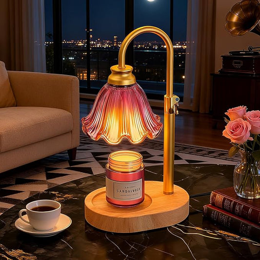 Candle Warmer Lamp with Adjustable Height - Flameless 4-Level Dimmable Wax Warmer with Colorful Glass Shade & Wooden Base, Timer Function & Stylish Design in Multiple Colors (Purple)