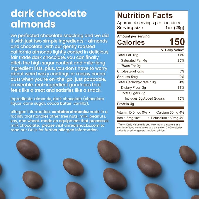 UNREAL Dark Chocolate Almonds - Certified Vegan, Gluten Free, Fair Trade, Non-GMO, No Sugar Alcohols or Soy (6 bags)