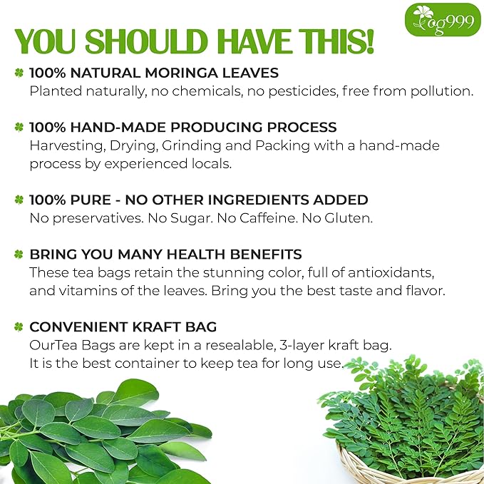TOG999, Premium 200 Moringa Leaf Tea Bags, 100% Natural & Pure. Loose Leaf Moringa Herbal Tea. No Sugar, No Caffeine, No Gluten, Vegan.