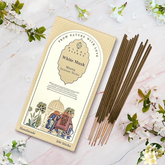 Incense Sticks, White Musk Incense, Pack of 100 Stick, Hand Rolled Aromatic Masala Made with Natural Ingredients, 45-60 Minute Burn Time, Best for Home Fragrance, Meditation, Yoga, Spiritual Healing