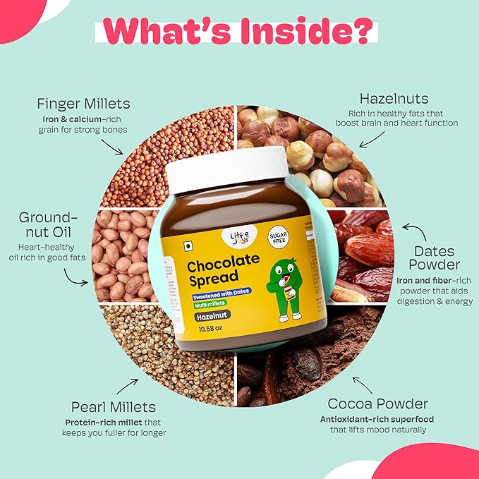 Little Joys Hazelnut Chocolate Spread. No Sugar, No Palm Oil, No Preservatives. Sweetened with Dates. Rich Cocoa, Multi Millets. Vegan. 10.58 Oz