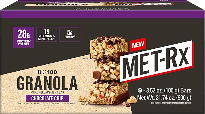 MET-Rx Big 100 Granola Protein Bar, Meal Replacement Bar, 28 G Protein, Chocolate Chip, Pack of 9