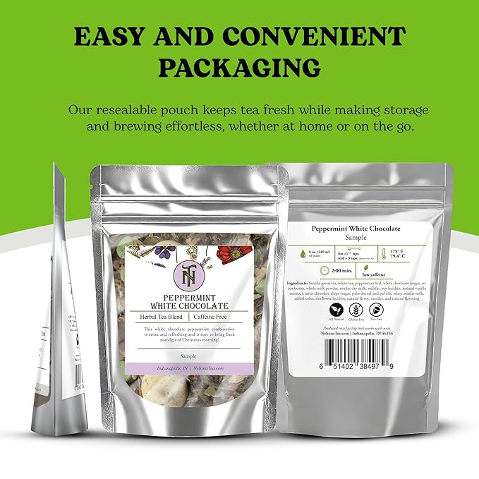 Nelson's Tea - Peppermint White Chocolate - Caffeine Free - Loose Leaf Tea with Green & Red Rooibos - White Chocolate Peppermint Tea (Sample 0.4 Oz)
