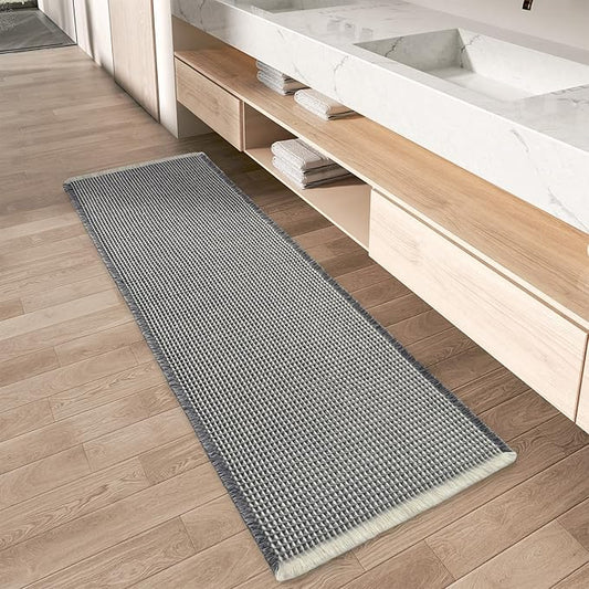 AMOAMI Upgraded Waffle Runner Rug Super Absorbent Non Slip Bath Mats for Bathroom Machine Washable Bathroom Runner Rug with Tassels, Ideal for Hallway Bedroom Laundry Room, 2' x 5', Darkgrey & Cream