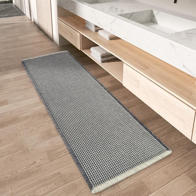 AMOAMI Upgraded Waffle Runner Rug Super Absorbent Non Slip Bath Mats for Bathroom Machine Washable Bathroom Runner Rug with Tassels, Ideal for Hallway Bedroom Laundry Room, 2' x 6', Darkgrey & Cream