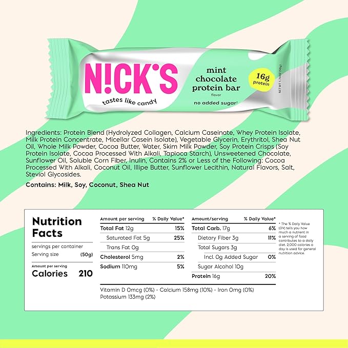 Nick’s Mint Chocolate Protein Bars – 12-Count Box | High Protein, Low Calories, Low Carbs, Keto Friendly, No Added Sugar