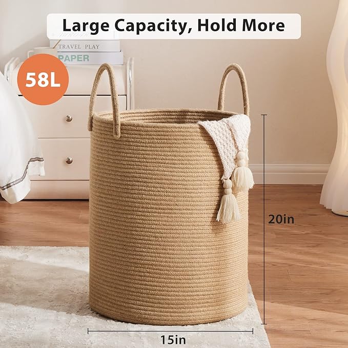 Fiona's magic Jute Rope Laundry Hamper Basket, 58L Tall Laundry Basket for Blanket Storage, Large Baby Nursery Hamper for Laundry, Woven Clothes Hamper for Bedroom, Living Room-Jute