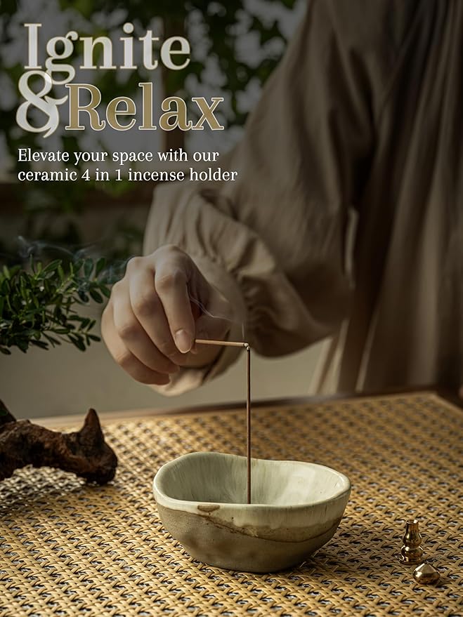 Incense Burner, Ceramic 4 in 1 Incense Holder, Unique Round Shape Incense Holder for Sticks, Handcrafted Incense Cone Burner with 3 Incense Sockets for Meditation Space, Yoga, Gray-Green