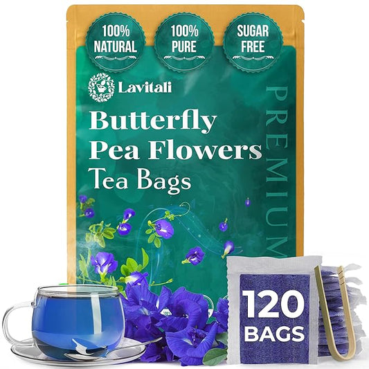 Lavitali, Butterfly Pea Flower Tea | 120 bags, 100% Pure Herbal Tea | Caffeine-Free, Antioxidant-Rich, Eco-Friendly Filter Bag | Daily Natural Botanical, Hot or Iced Floral Infusion