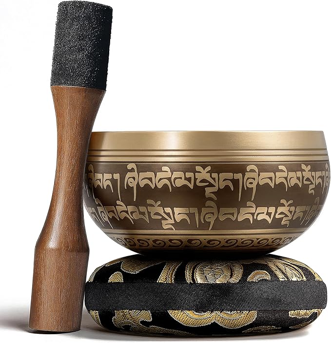 Handmade Tibetan Etched Singing Bowl Set – Sound Bowl & Meditation Bowl with Cushion, Mallet & Guide – Yoga Kit – Stress Relief Tools – Ancient Himalayan Meditation Tools