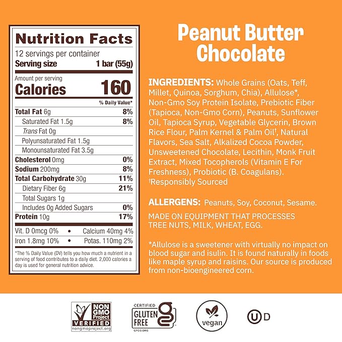 Munk Pack Probiotic Protein Breakfast Bars - 10g Plant Protein, 1g Sugar, 6g Fiber – For Adults & Kids, Low Sugar Snack, Gluten-Free, Diabetic-Friendly, Non-GMO, Peanut Butter - 12 Pack