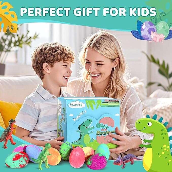 Bath Bombs for Kids with Surprise Toys Inside - 9 Pack Dinosaur Bath Bombs Gift Set, Dinosaur Toys for Kids 3 4 5 6 7 8 9 Years, Valentines Day Gifts for Kids, Birthday Gifts Bubble Bath Fizzes